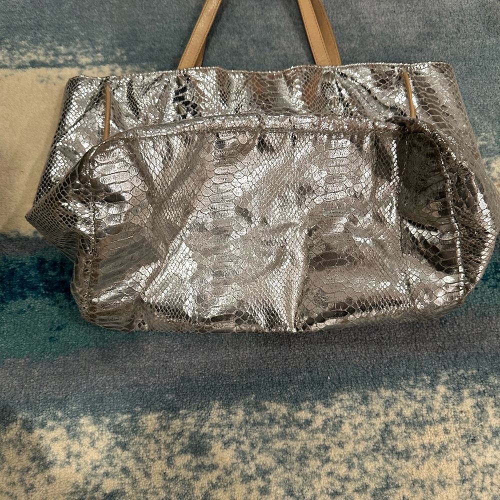 Sam Edelman shoulder bag purse metallic silver hobo tote croc embossed - Picture 6 of 8
